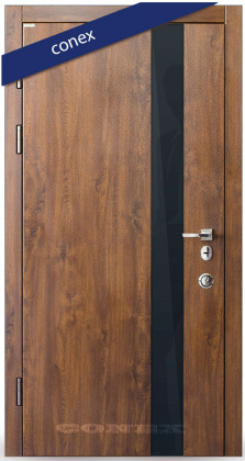 Входные уличные двери в квартиру Conex (Украина) Модель 52. МДФ. Винорит. Дуб тёмный. Вставка чёрное стеклo, Киев. Цена - 21 360 грн